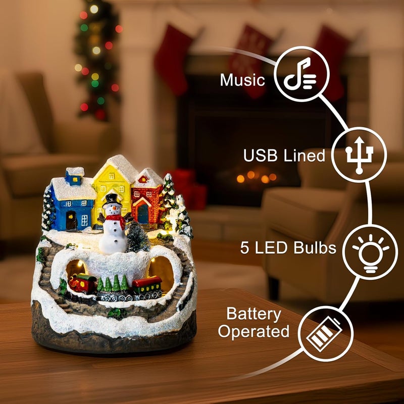 MXwcy Christmas Village House with Moving Train & Music - Lighted Snowman Figurine with 8 Holiday Songs, LED Lights - Resin Collectible Building for Indoor Xmas Decor, Table Centerpiece, Gifts - Image 5